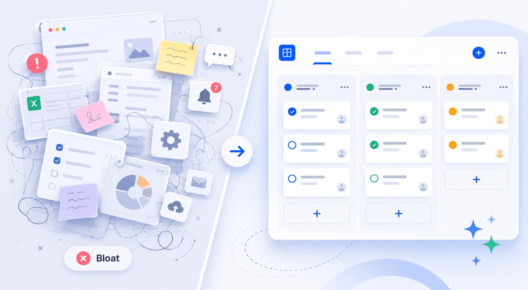 Side-by-side: a chaotic cluttered workspace vs a clean Kanban board